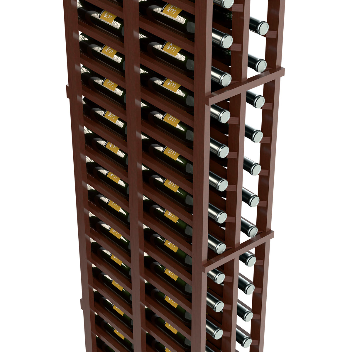 Side view of dark brown 2-column double-deep wine rack with bottle rows