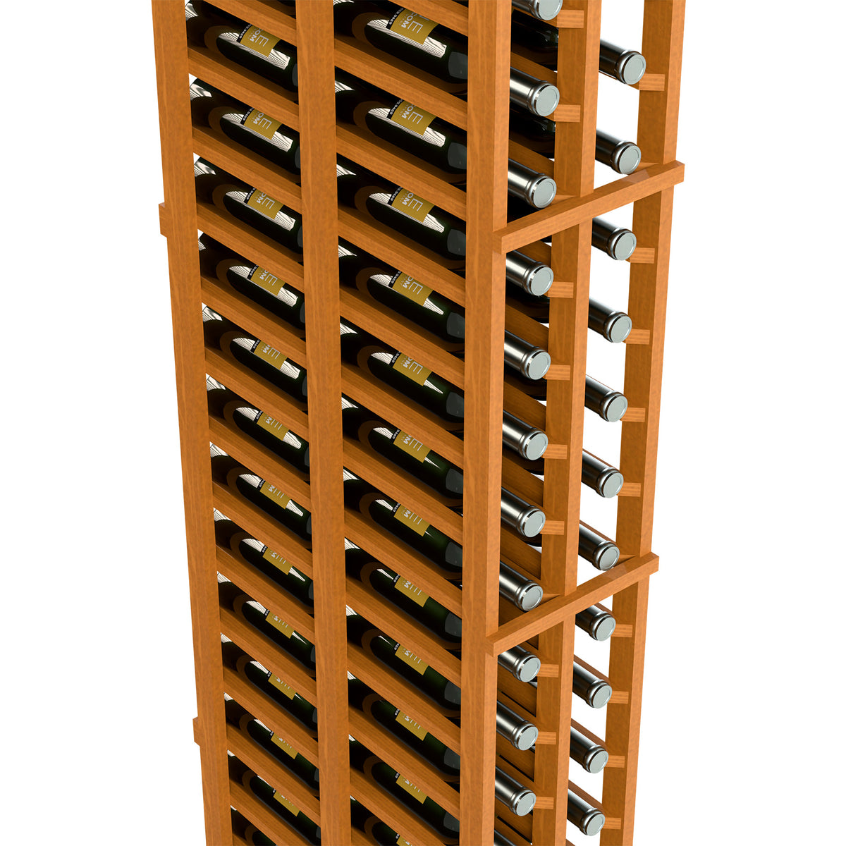 Side view of light wood 2-column double-deep wine rack with bottles