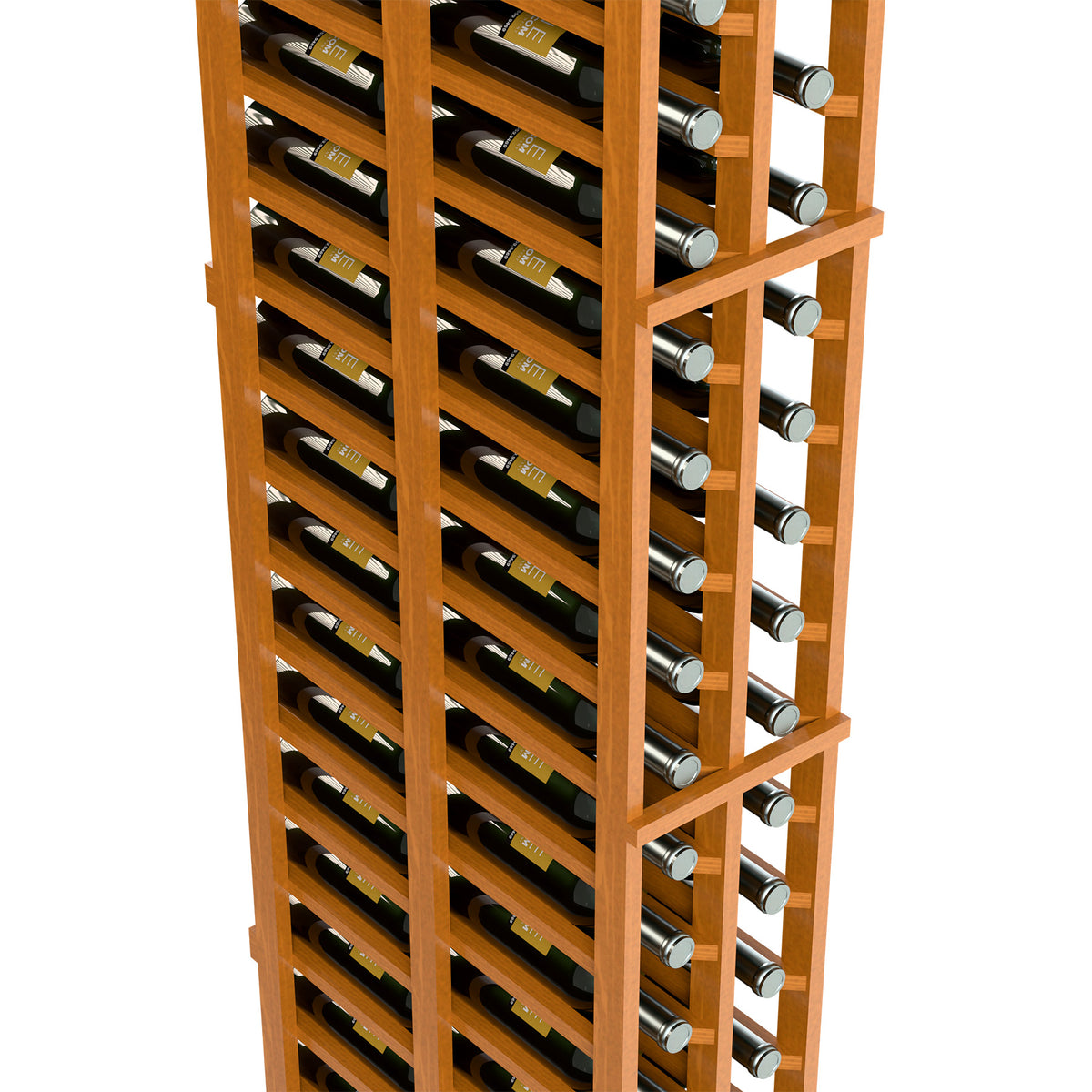Side view of light wood 2-column double-deep wine rack with bottle ends