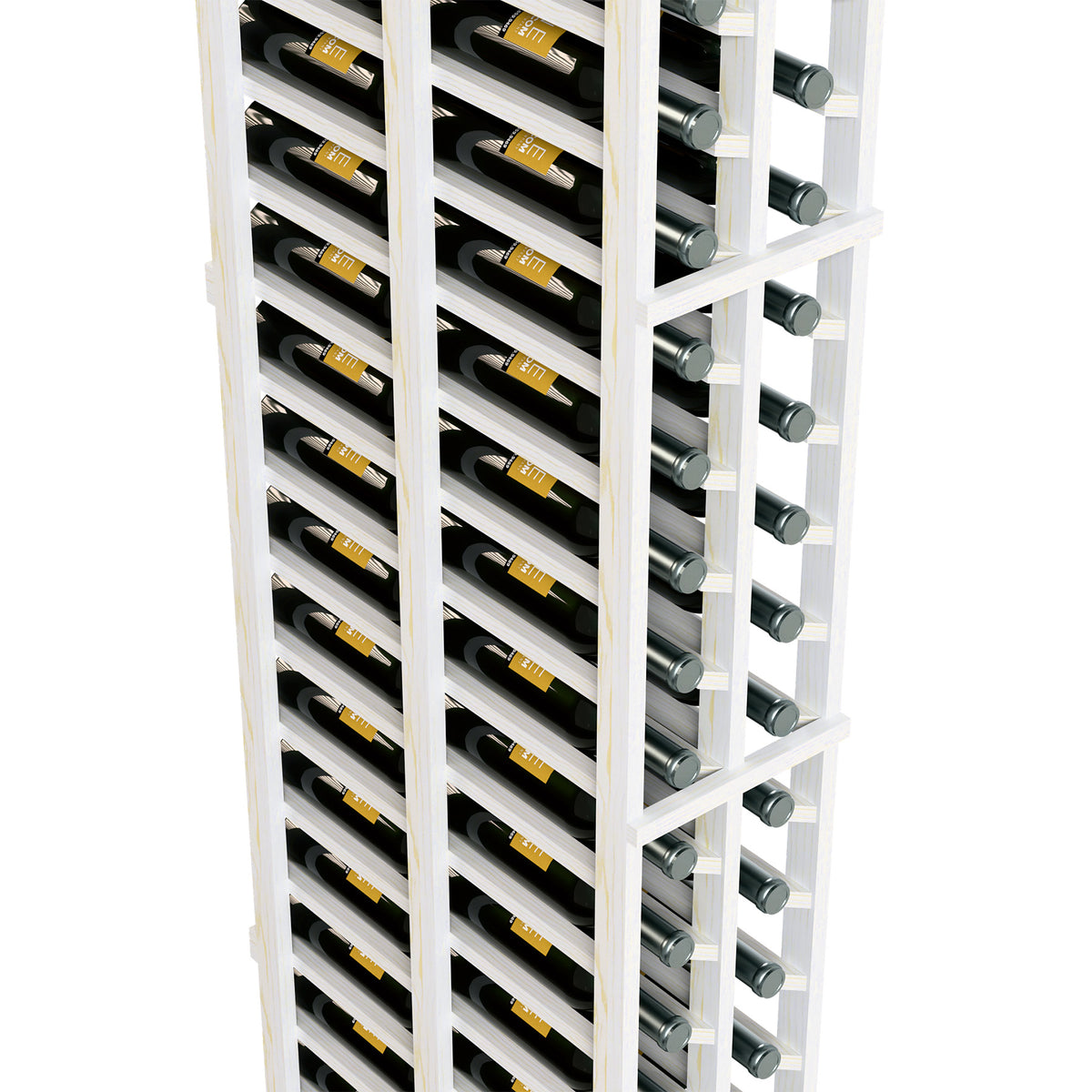 Side view of white 2-column double-deep wine rack with bottle rows