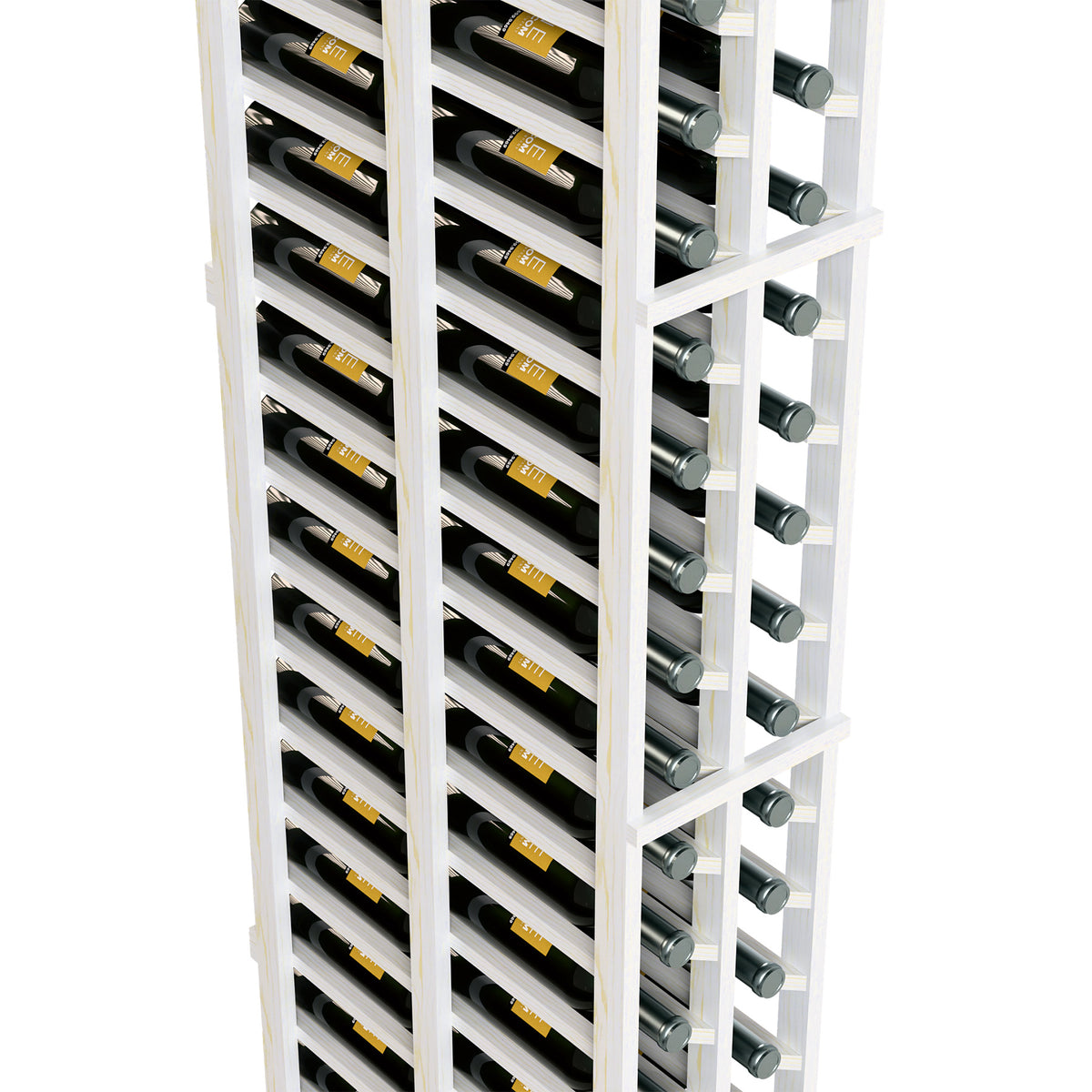 Side view of white 2-column double-deep wine rack with bottle ends