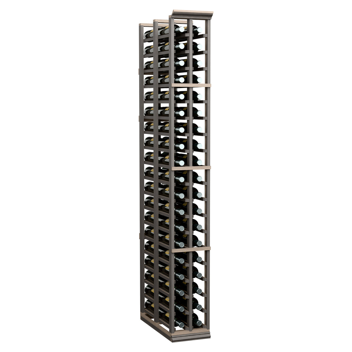 Two-column wine bottle rack, double-deep, with black dividers and bottle storage slots