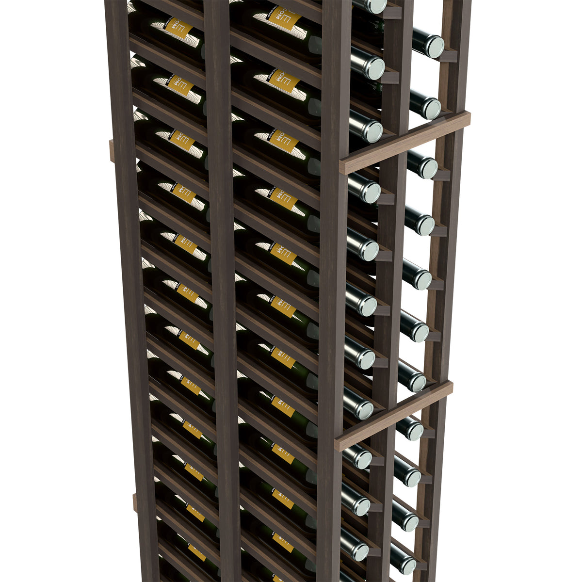Two-column wine rack side view, double-deep, with metal bottle holders and dark frame