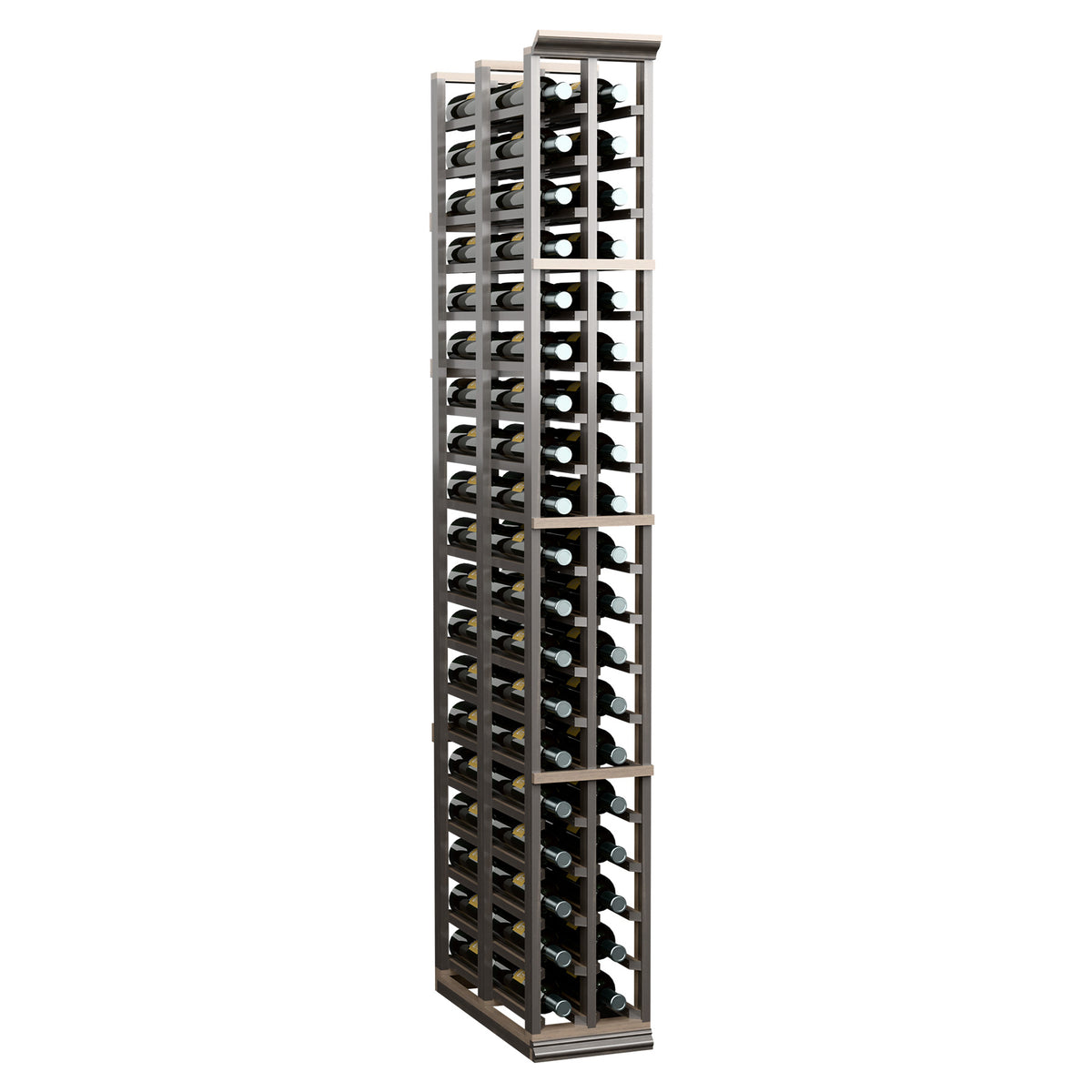 Two-column wine bottle rack, double-deep, upright view with black dividers and bottles