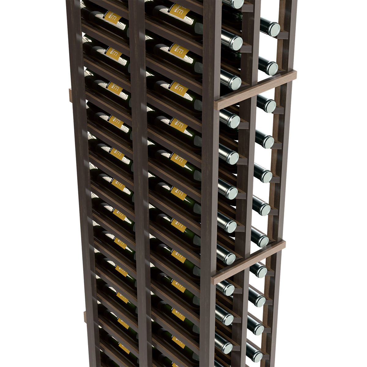 Two-column wine rack close side view, double-deep, with bottle neck cradles in dark wood