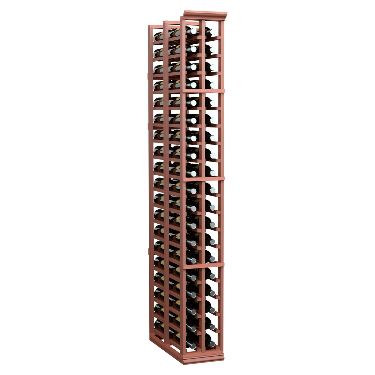 Two-column wine bottle rack, double-deep, upright view with red frame and bottle storage