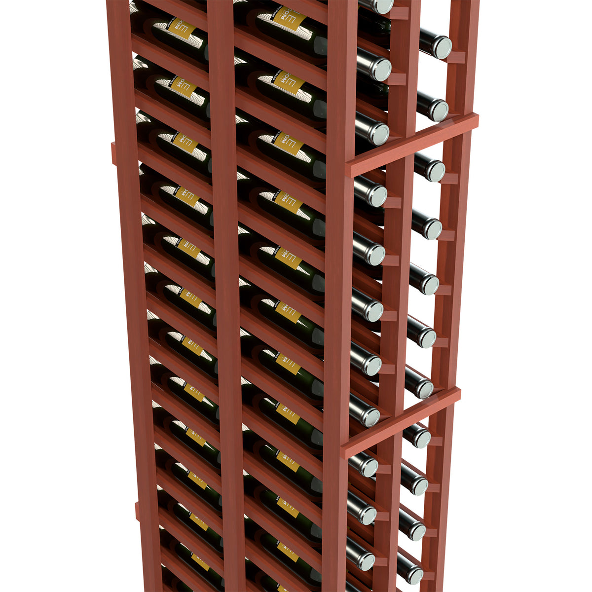 Two-column wine rack side view, double-deep, with bottle cradles and red-brown frame