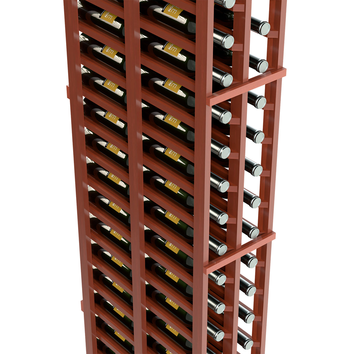 Two-column wine rack close side view, double-deep, bottle holders in red-brown wood