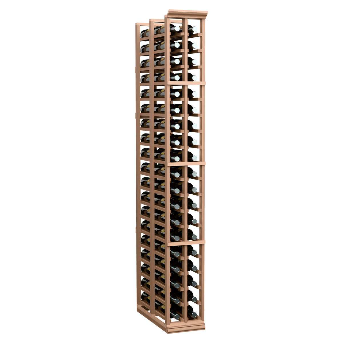 Two-column wine bottle rack, double-deep, upright view with light wood frame and bottles