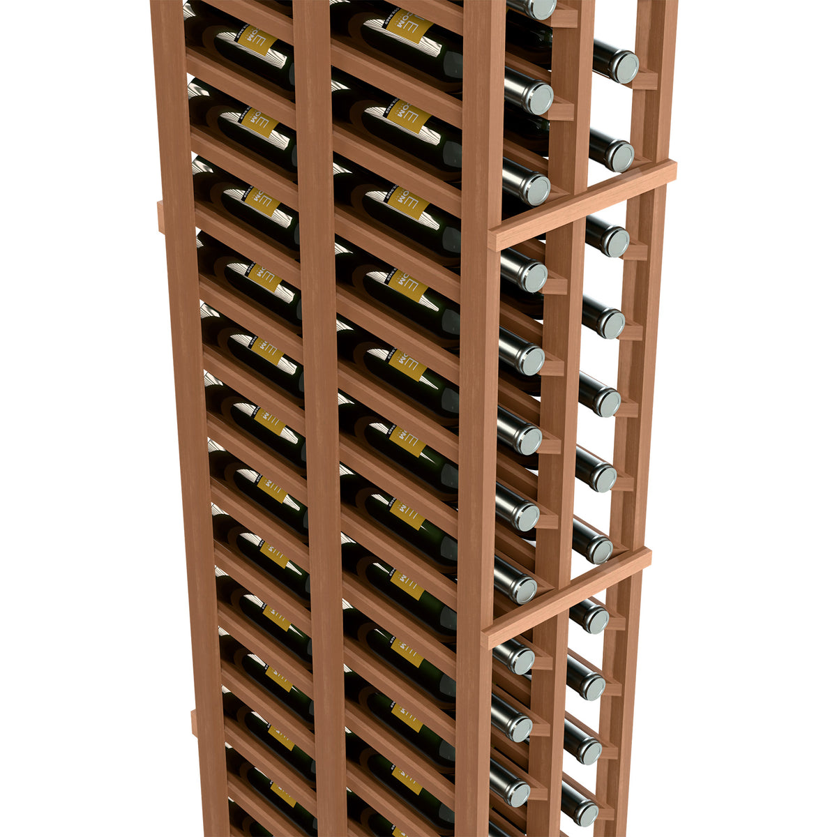 Two-column wine rack close side view, double-deep, with bottle holders and light wood frame