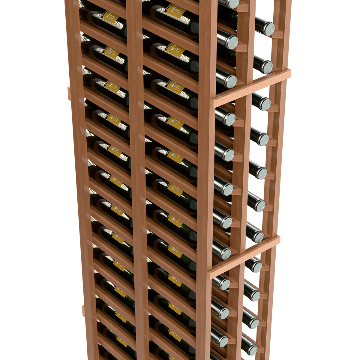 Light wood wine bottle rack showing two deep rows of bottles and angled supports