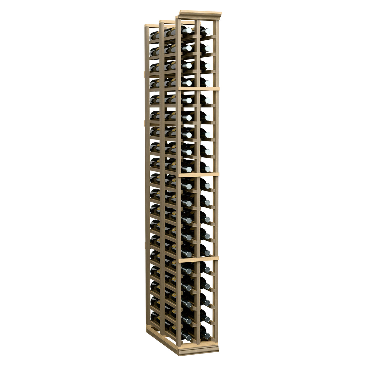 Light wood wine bottle rack with two columns, filled with dark bottles and silver caps
