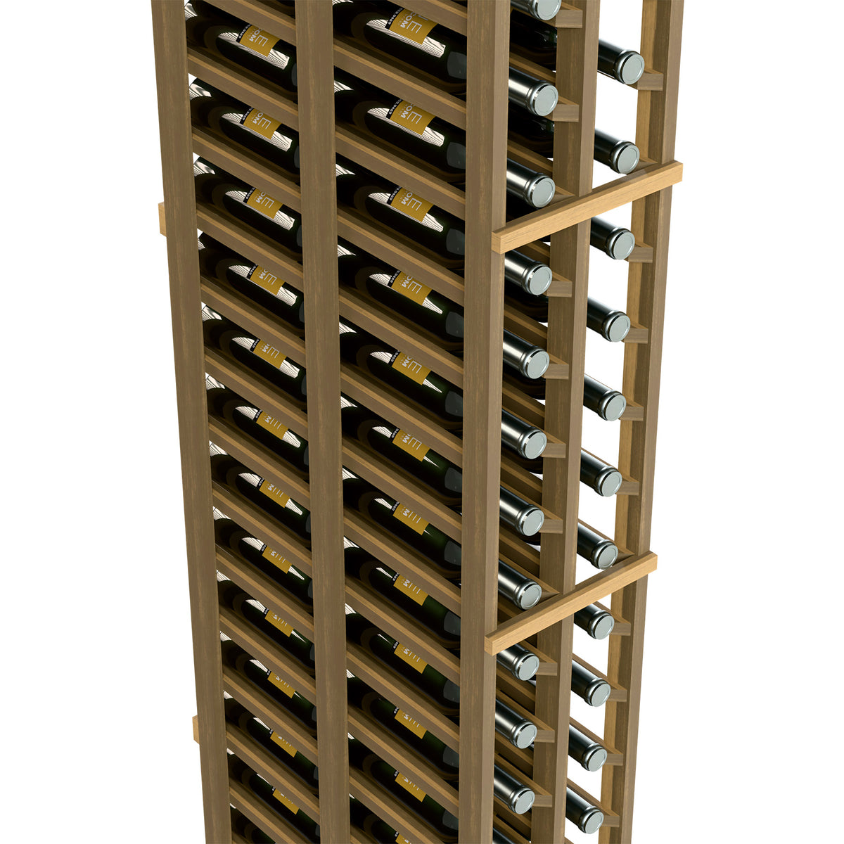 Light wood wine bottle rack detail with two deep bottle rows and silver bottle tops