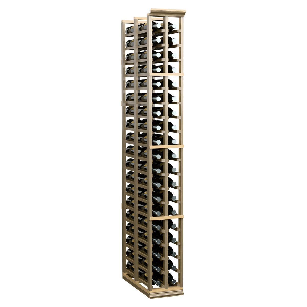Light wood wine bottle rack with two columns and many bottles in angled compartments
