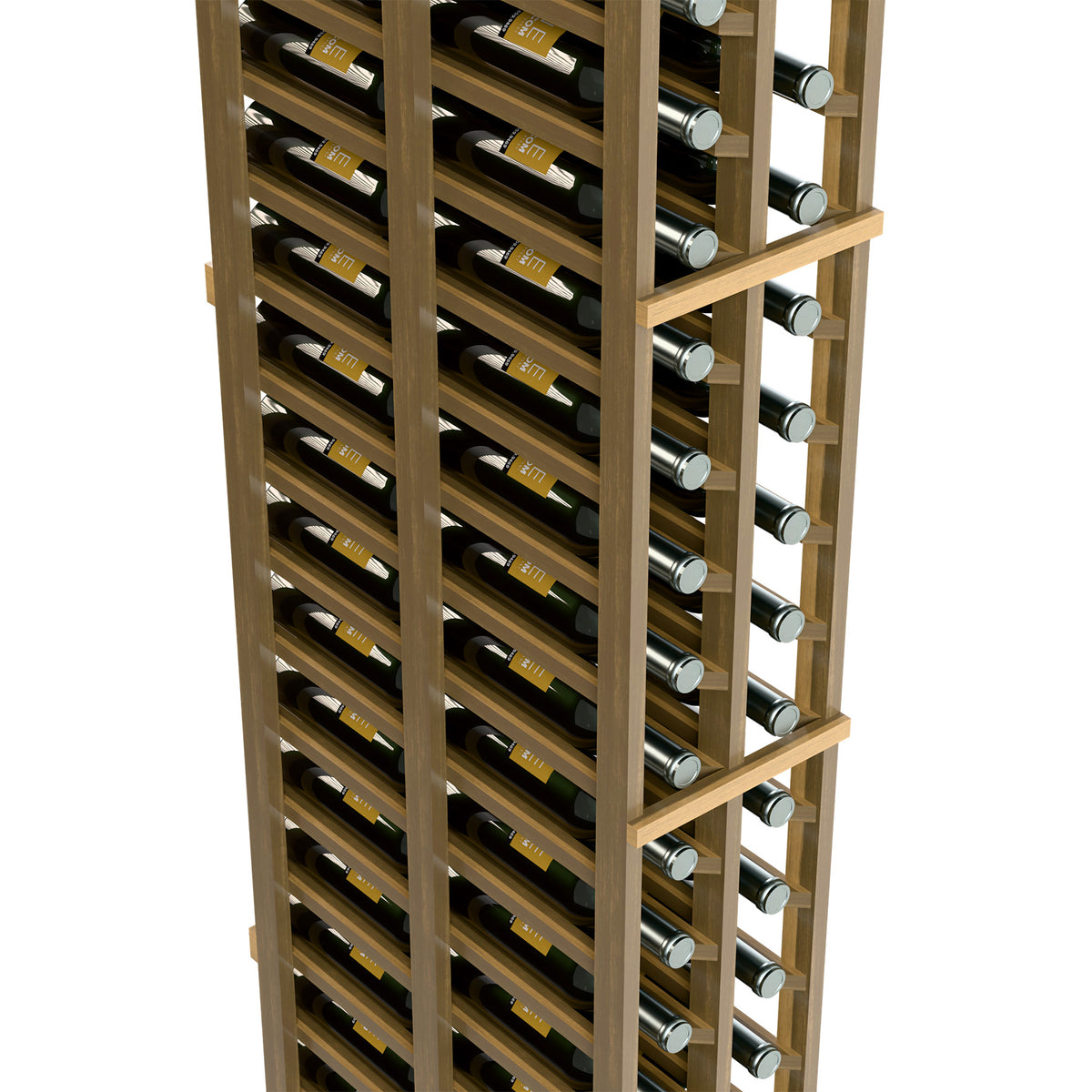 Light wood wine bottle rack close-up showing bottle rows and silver bottle caps