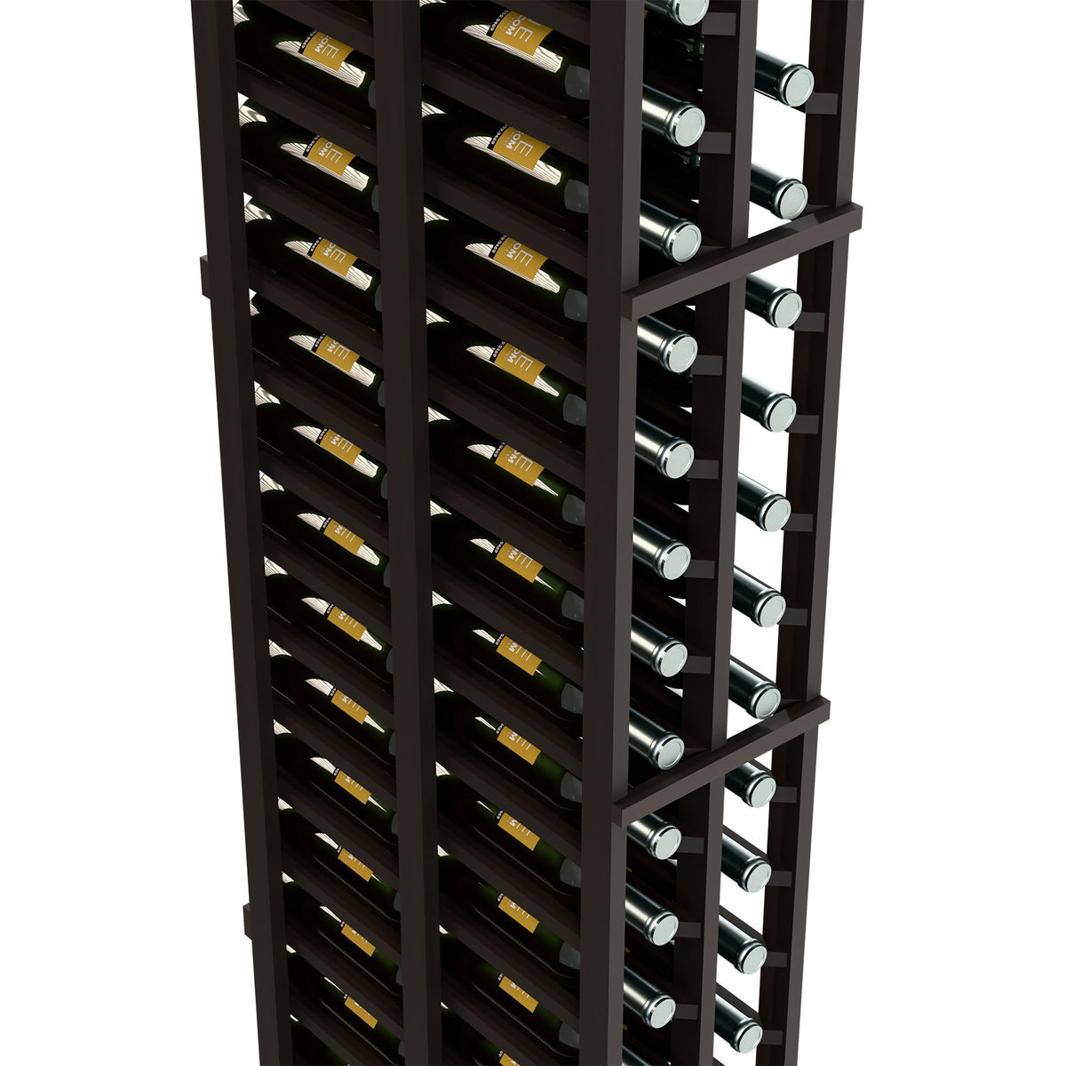 Dark wood wine bottle rack detail with two deep rows of bottles and silver caps
