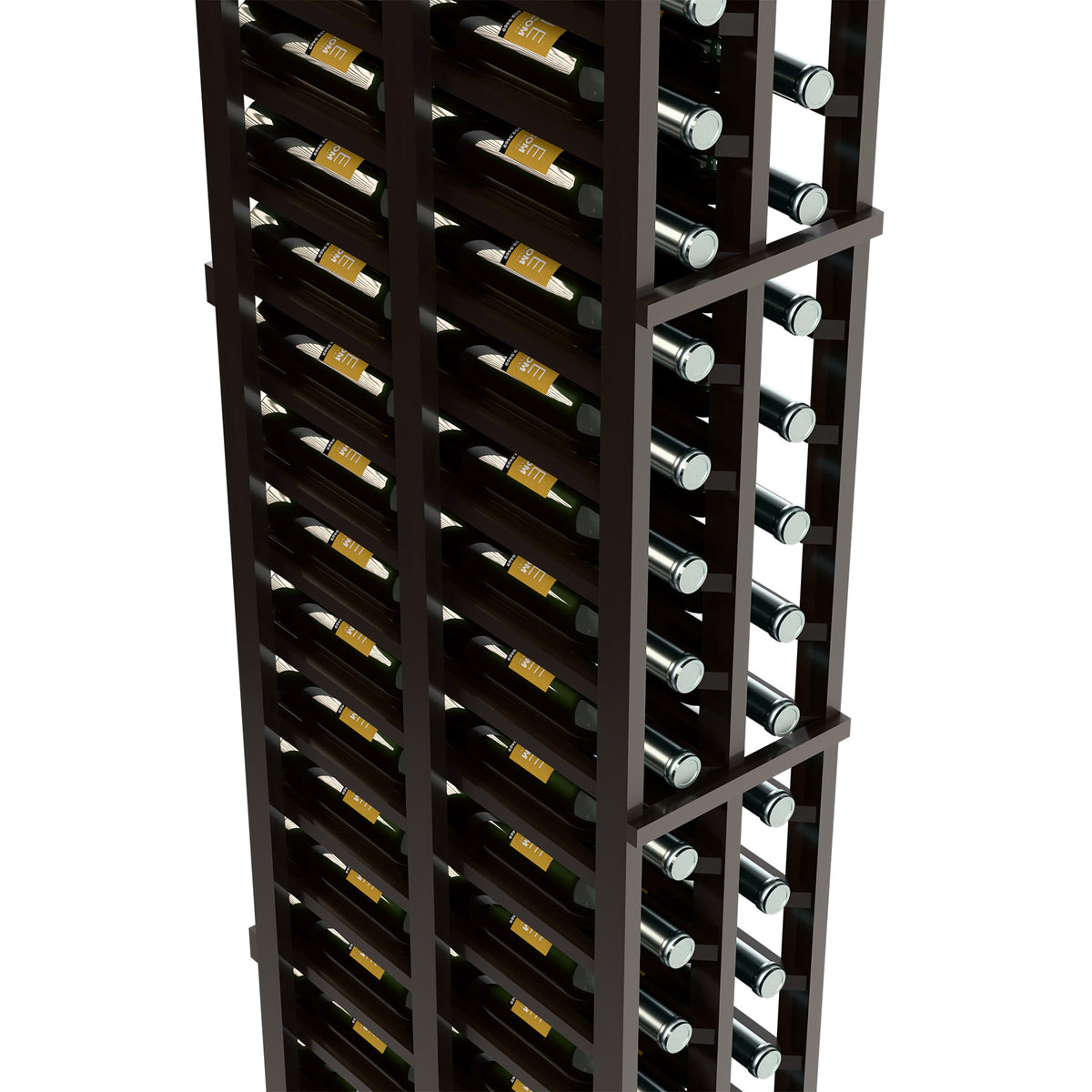 Dark wood wine bottle rack close-up showing two deep bottle rows and silver tops
