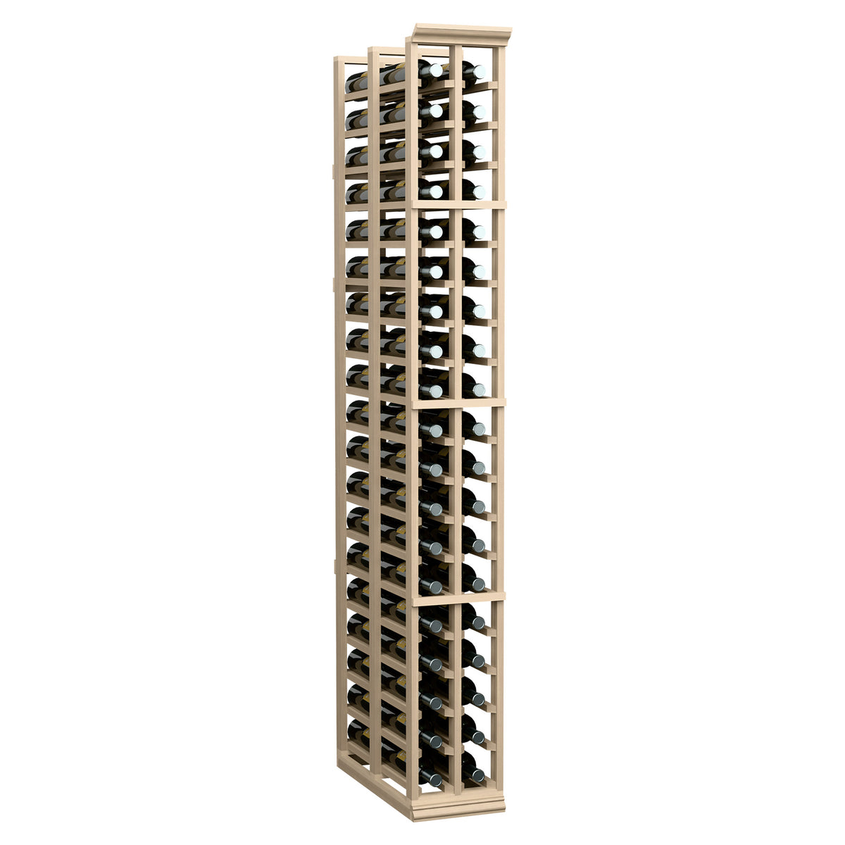 Two-column wooden wine rack for bottles, 6 ft tall, front view