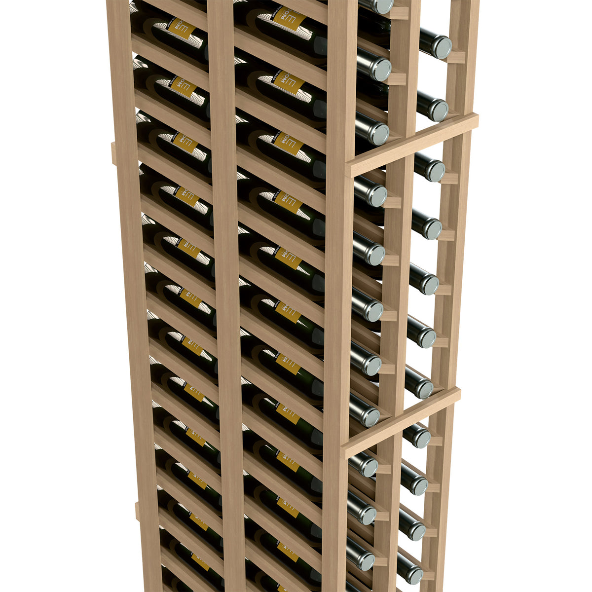 Two-column wooden wine rack with bottle slots and rows, side view