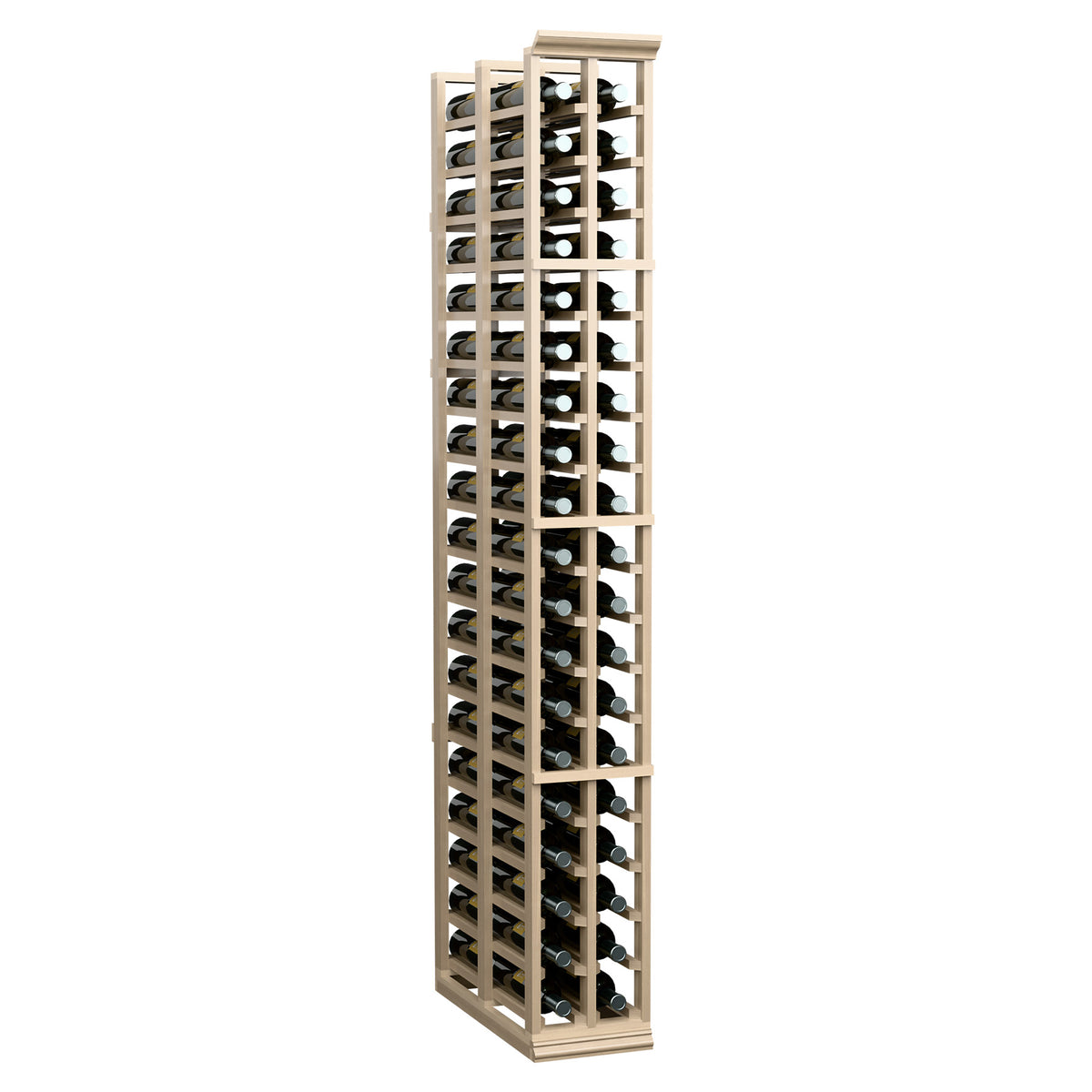 Two-column wooden wine rack for bottles, 6 ft tall, front view