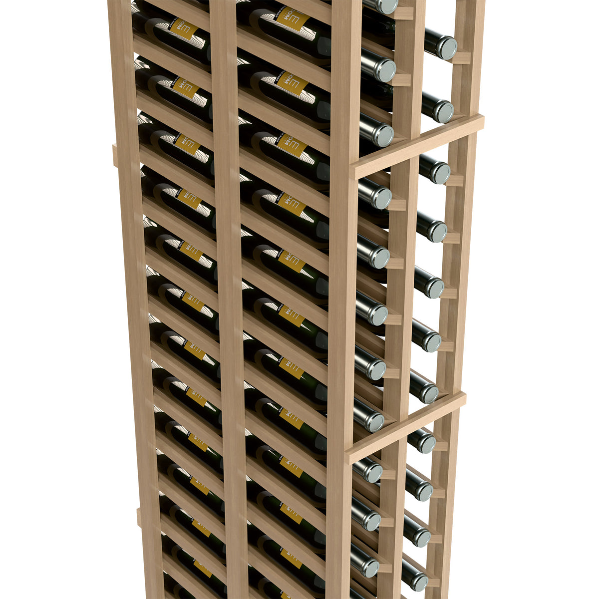 Two-column wooden wine rack with bottle slots and rows, side view