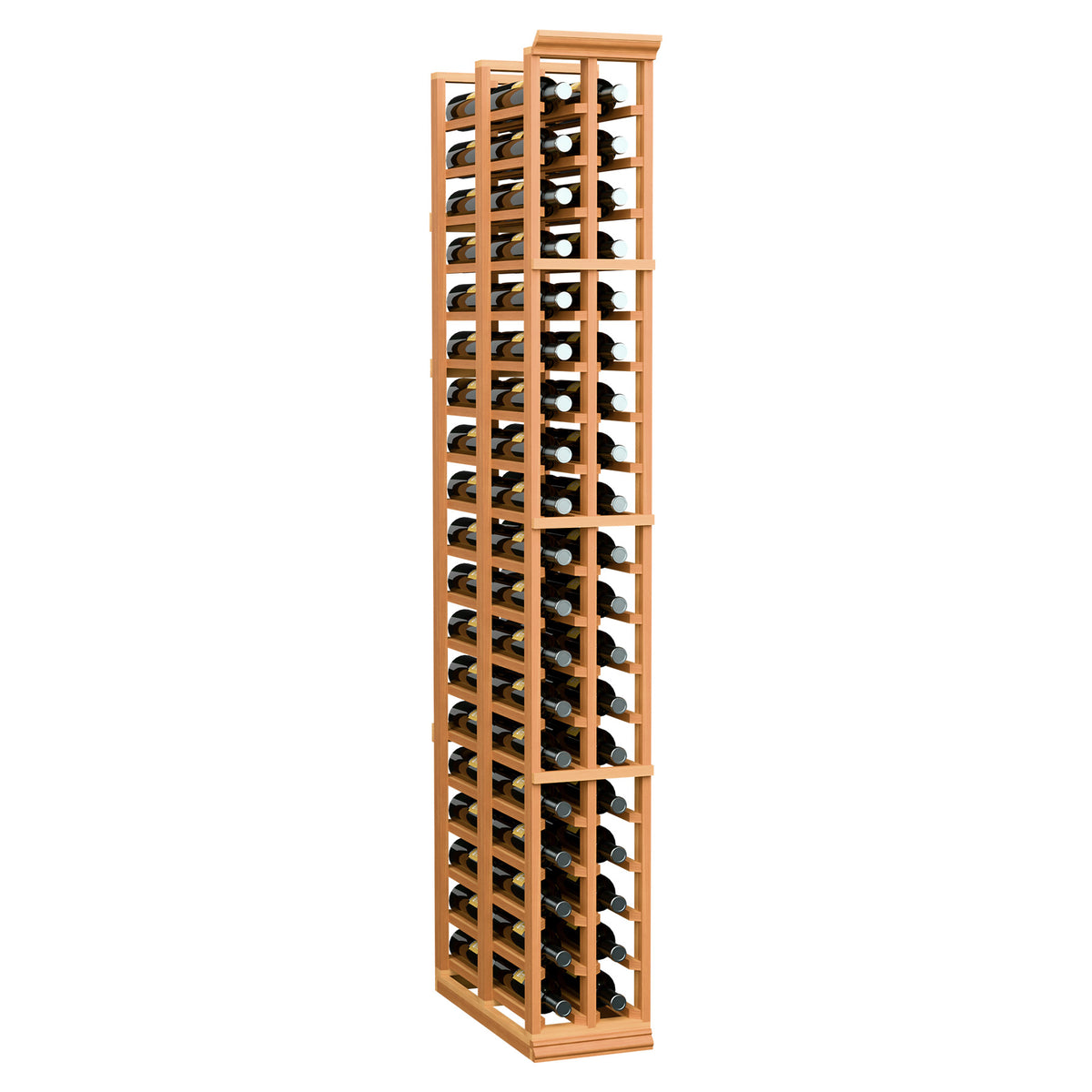 Two-column wooden wine rack for bottles, 6 ft tall, front view in warm wood