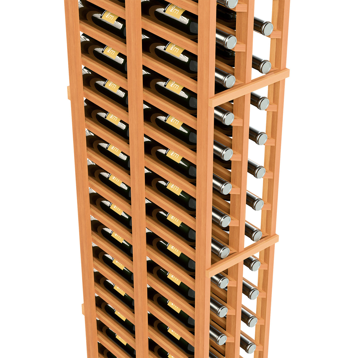 Two-column wooden wine rack with bottle slots and rows, side view in warm wood