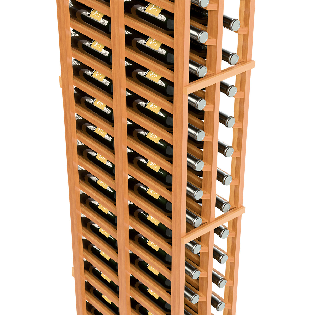 Two-column wooden wine rack with bottle slots and rows, side view in honey wood