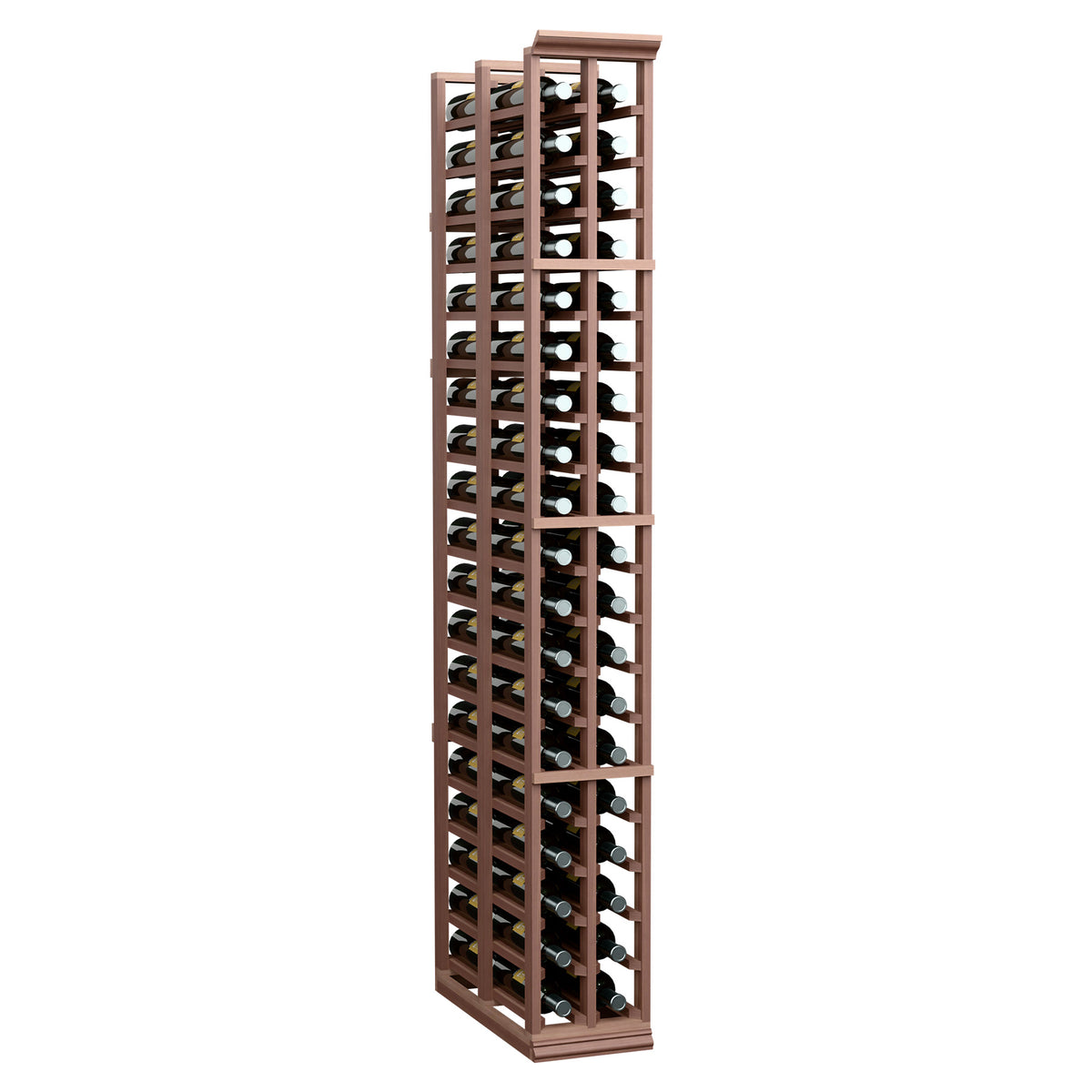 Two-column wooden wine rack for bottles, 6 ft tall, front view in dark wood
