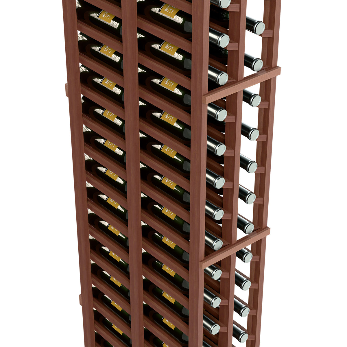 Two-column wooden wine rack with bottle slots and rows, side view in dark wood