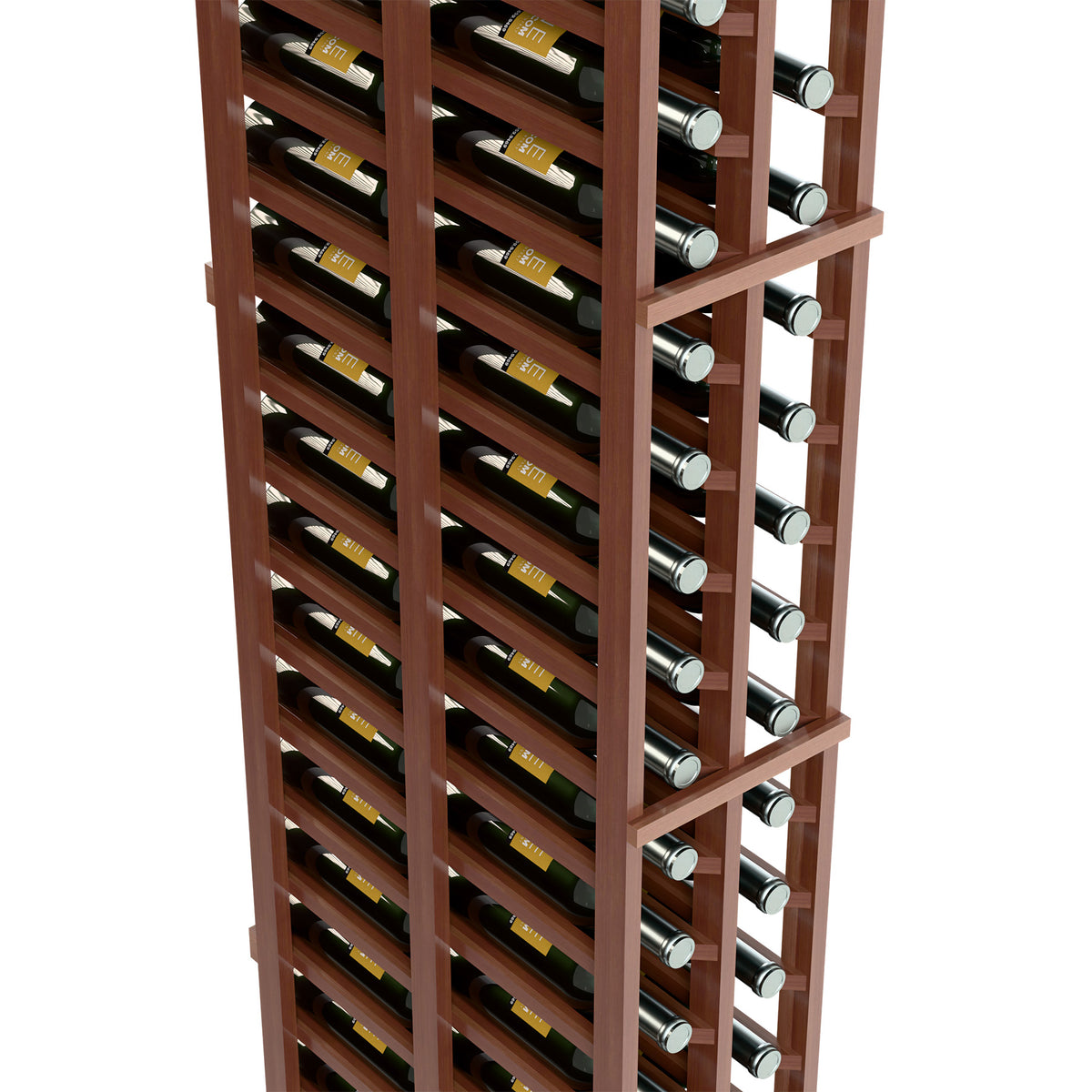 Dual-column wine rack detail with bottle slots and silver-toned end caps