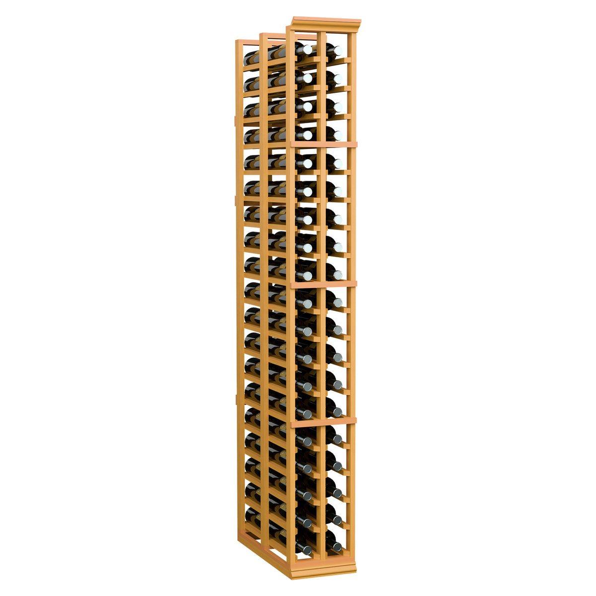Wine storage rack with dual columns and light wood frame holding dark bottles