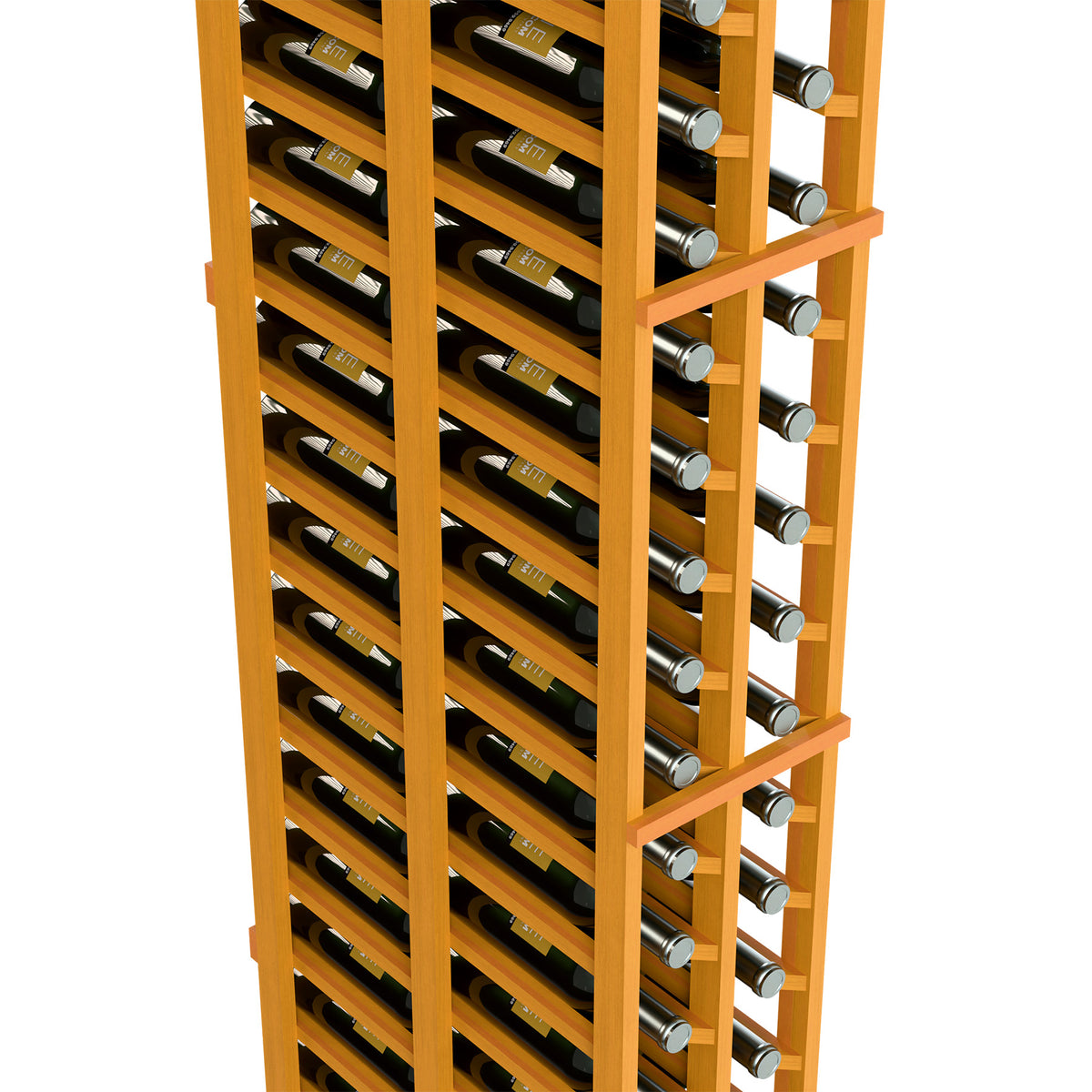 Close-up of dual-column wine rack with light wood shelves and silver-toned bottle ends