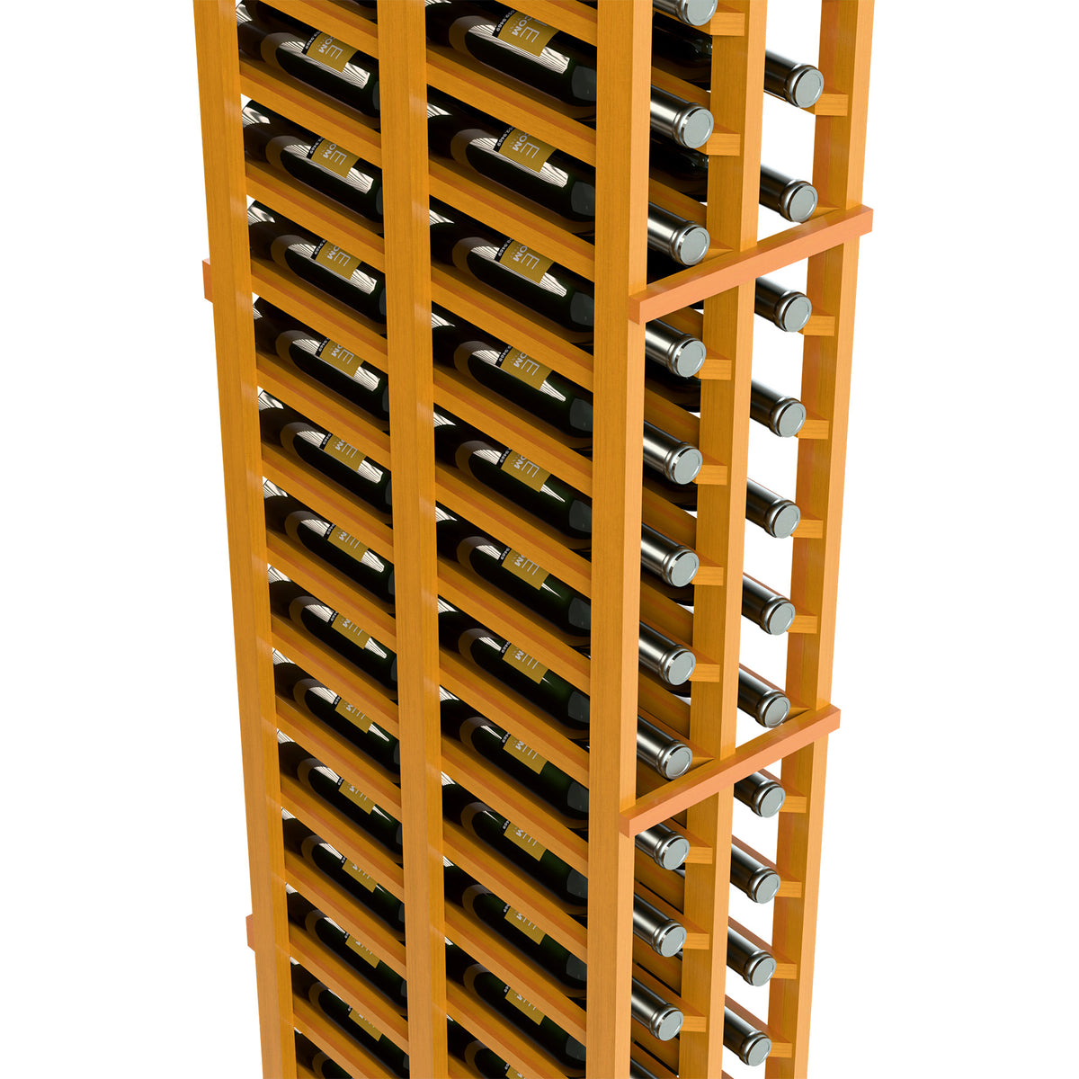 Close-up of dual-column wine rack with warm light wood frame and bottle slots