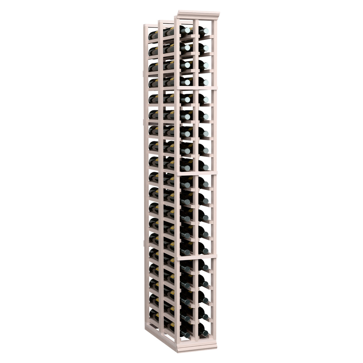 Wine storage rack with dual columns in grey-toned wood holding dark wine bottles