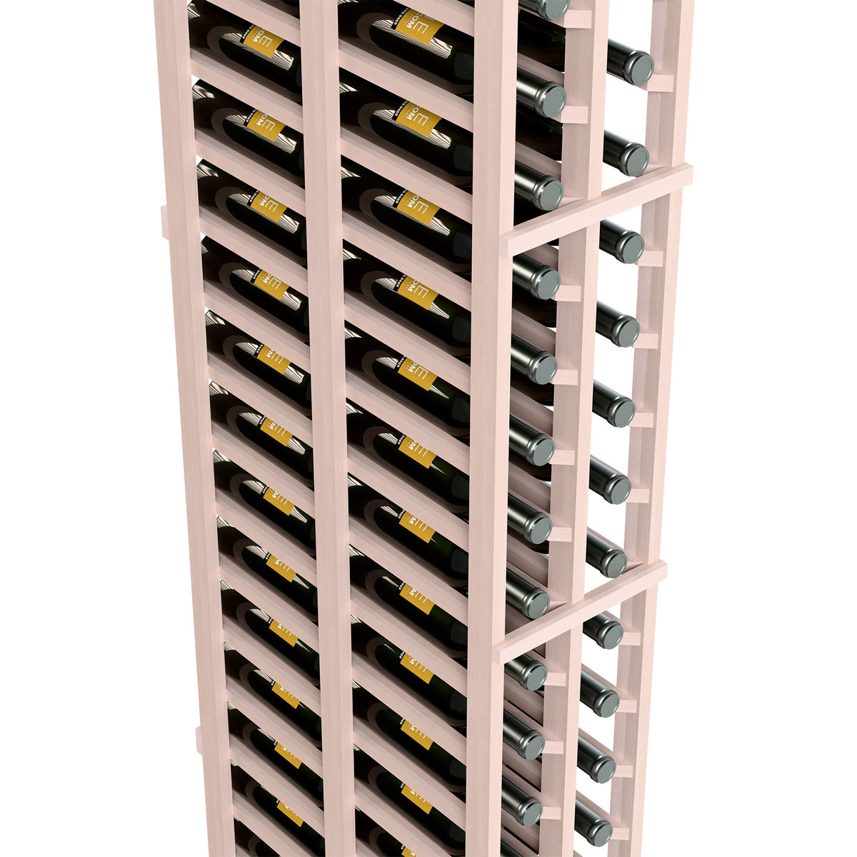 Close-up of grey-toned dual-column wine rack with bottle cradles and silver ends