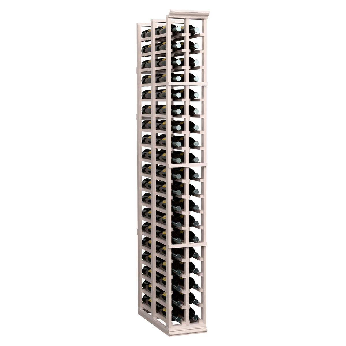 Wine storage rack with dual columns in light grey wood holding dark wine bottles