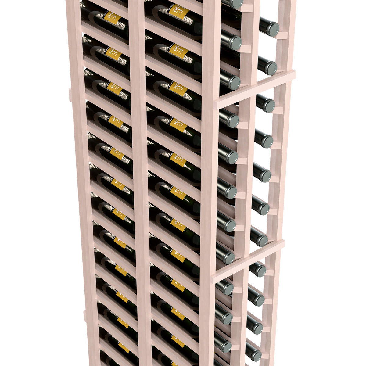 Close-up of light grey dual-column wine rack with wooden slots and metal bottle ends