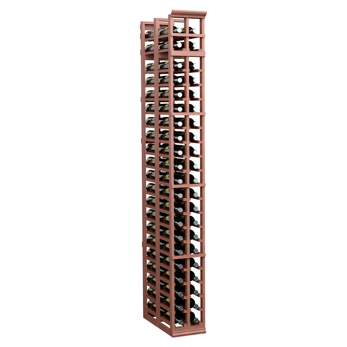 7-ft double-deep wine rack with two columns of bottle slots, warm reddish-brown wood
