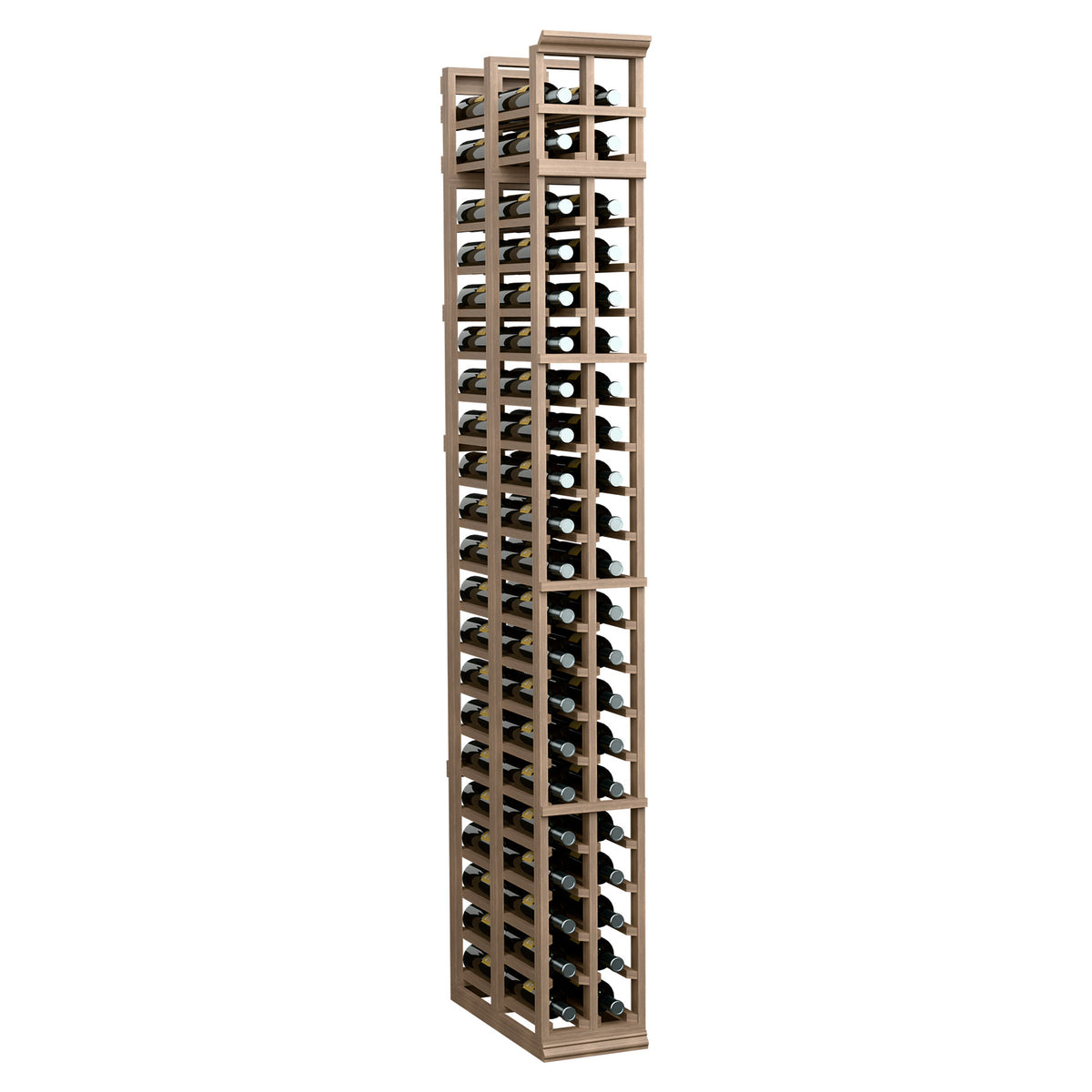 7-ft double-deep wine rack with two columns of bottle slots, medium brown wood frame