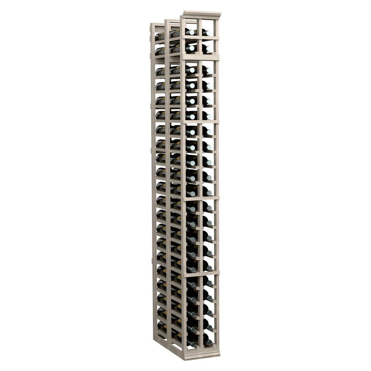 Tall 2-column double-deep wine rack with vertical bottle slots, light grey wood frame