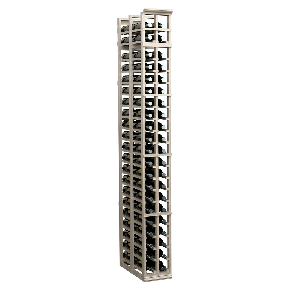 Tall 2-column double-deep wine rack with vertical bottle slots, light grey wood frame