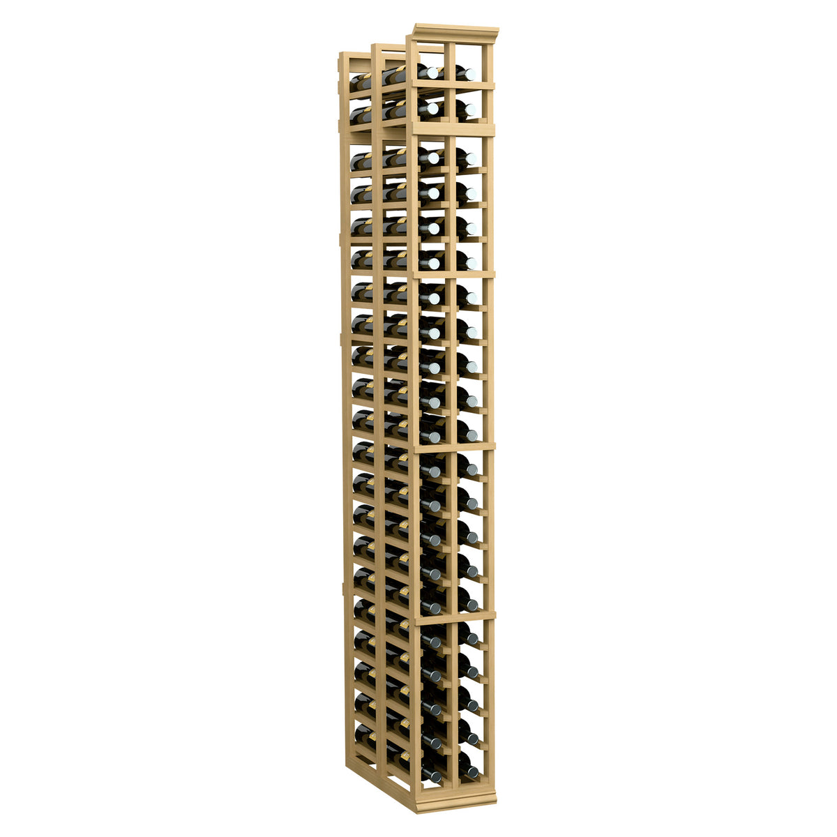 Tall 2-column double-deep wine rack with vertical bottle slots, light natural wood frame