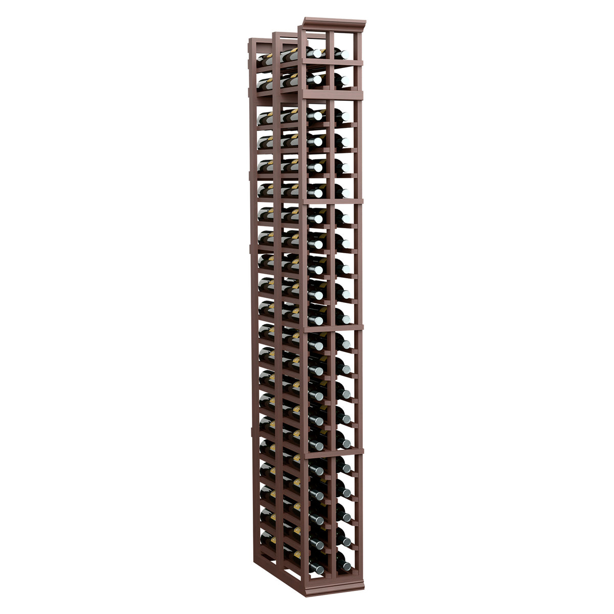Tall 2-column double-deep wine rack with vertical bottle slots, dark brown wood frame