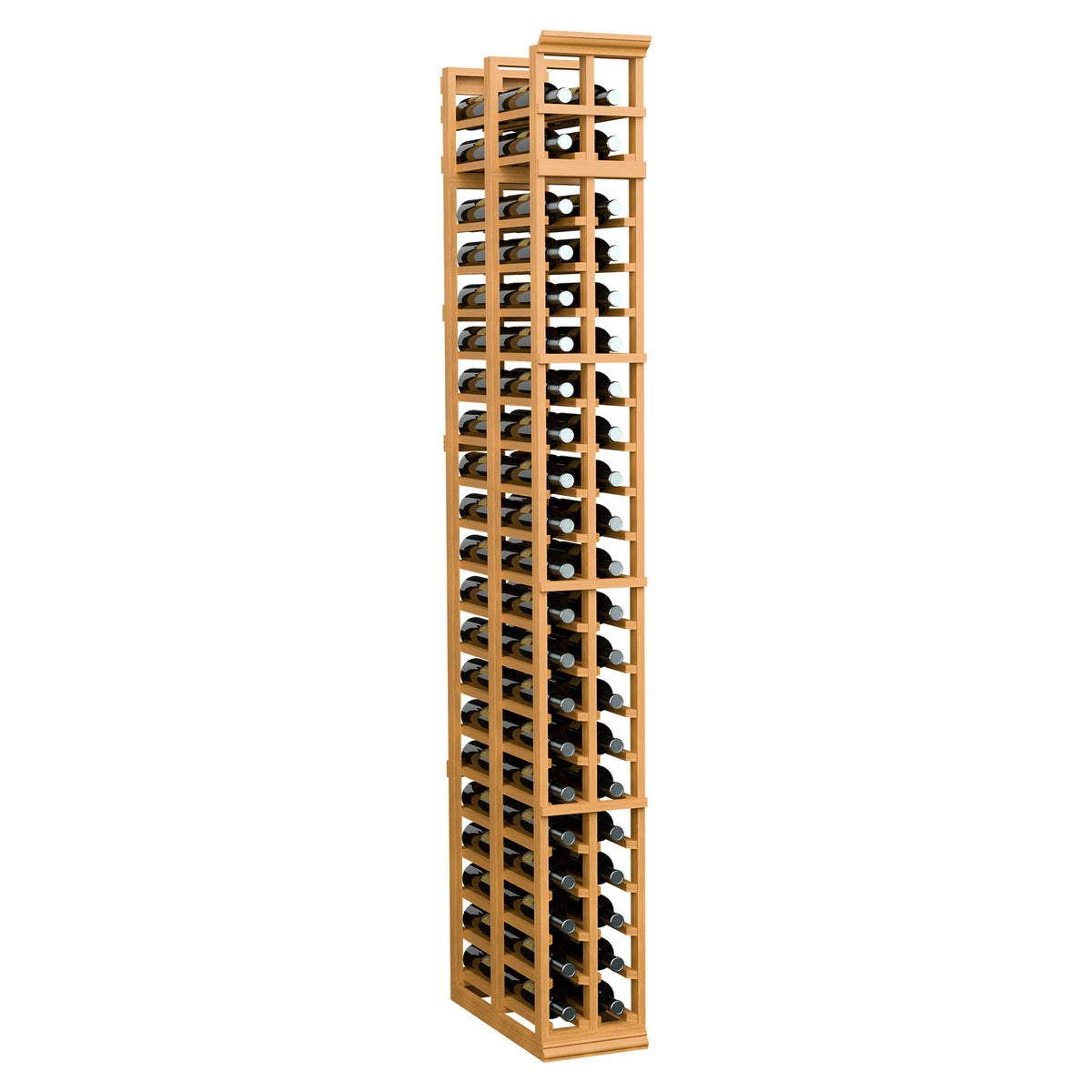 Tall 2-column double-deep wine rack with vertical bottle slots, warm honey wood frame