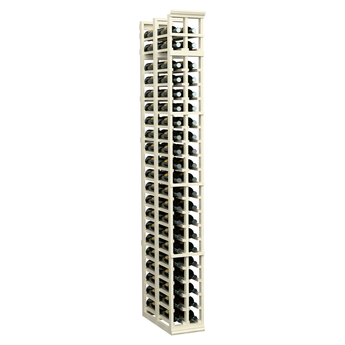 Tall 2-column double-deep wine rack with vertical bottle slots, white wood frame