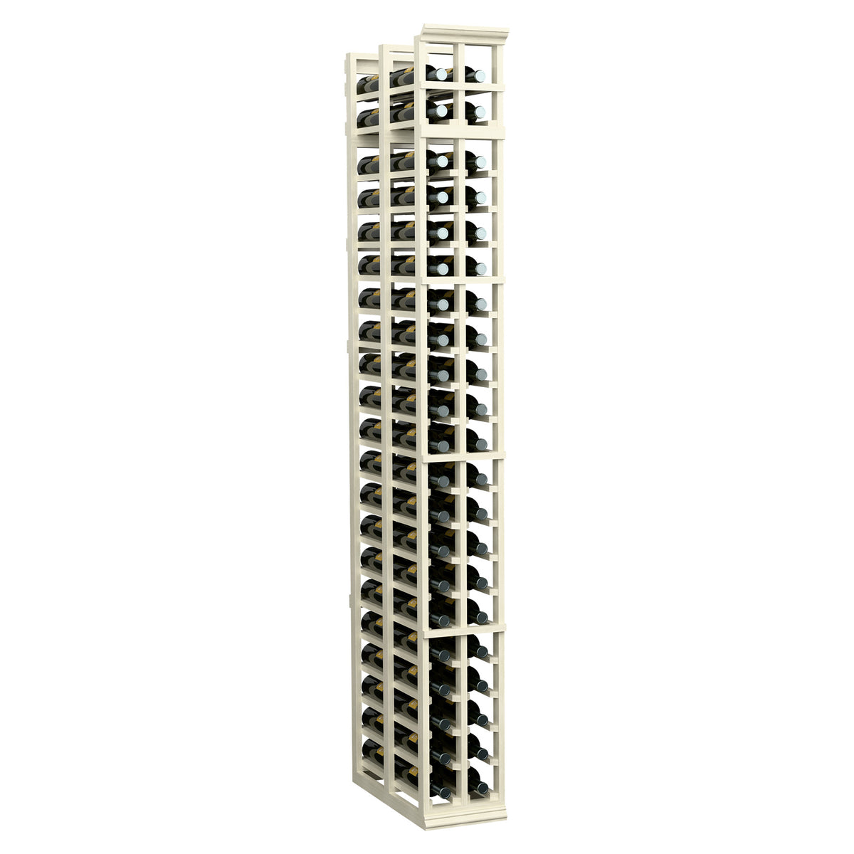 Tall 2-column double-deep wine rack with vertical bottle slots, white wood frame