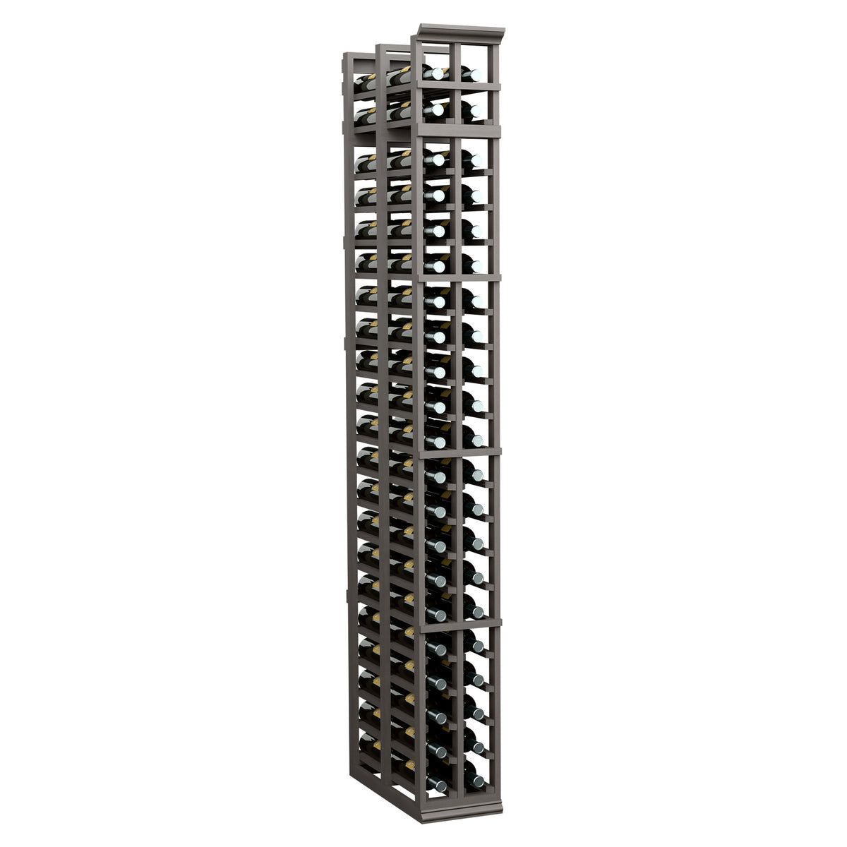 Wine storage rack with two rows of bottle slots, dark charcoal frame.