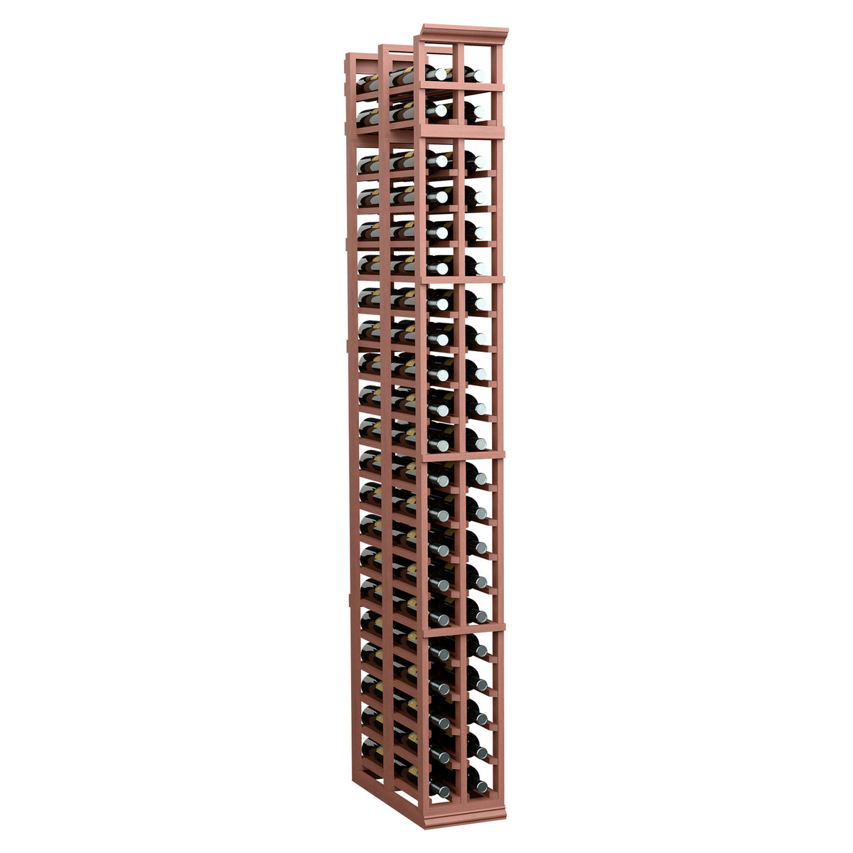 Wine storage rack with two rows of bottle slots, warm reddish-brown wood frame.