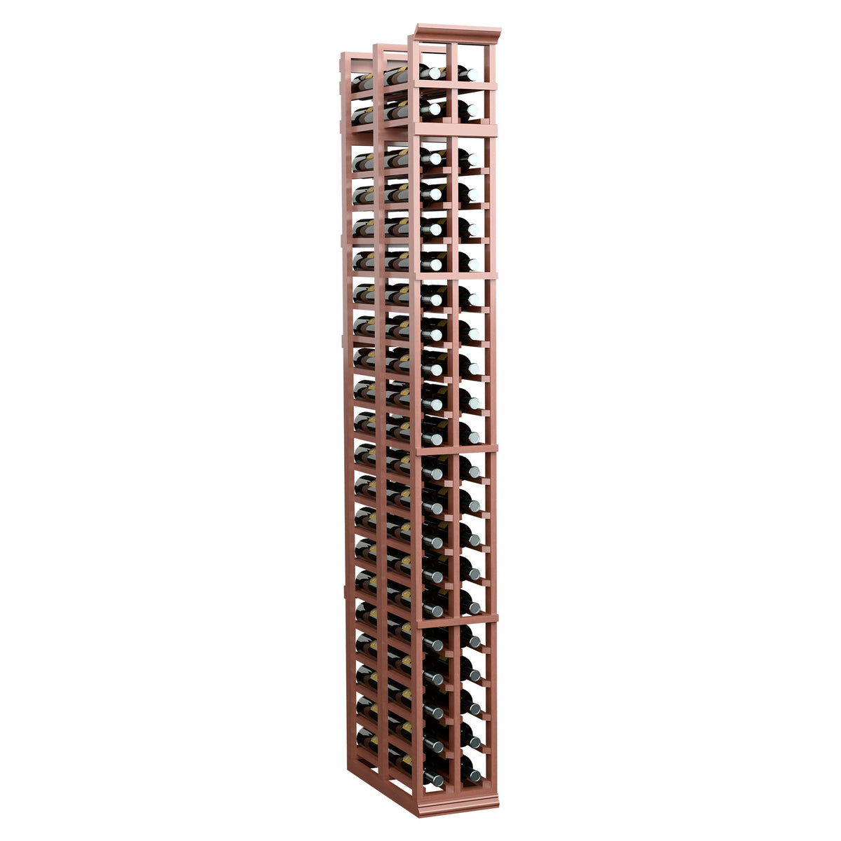 Wine storage rack with two rows of bottle slots, warm brown wood frame.